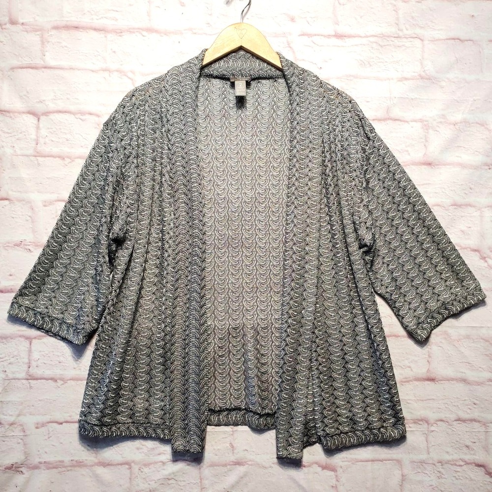 Chicos Travelers Womens Open Front Textured Knit Cardigan Gray Large Travel Work